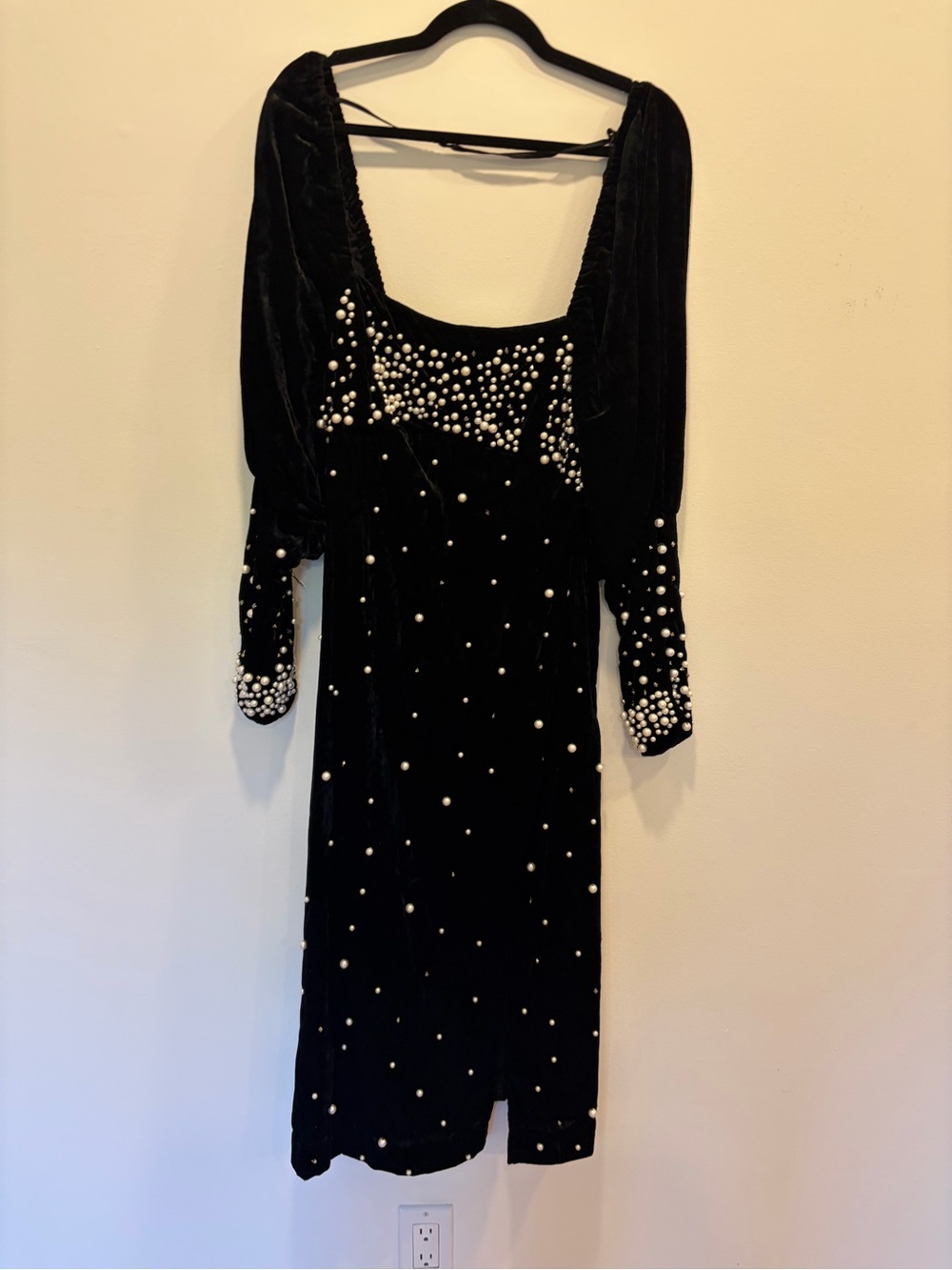 Anthropologie Black Velvet Pearl-Embellished Long Sleeve Dress